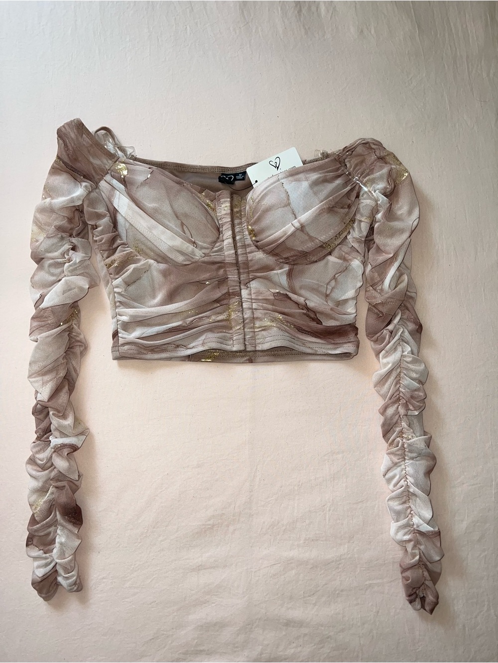 Ruched Off the Shoulder Mesh Crop Top in Beige Marble